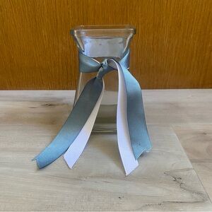 🔷 {3/$20} Small Glass Vase with Gray/Blue & White Ribbons